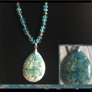 Boho tear drop statement necklace teal brown